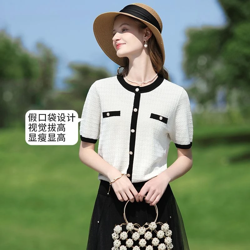 王小鸭短袖上衣女2025夏季新款名媛小香风气质优雅百搭针织衫