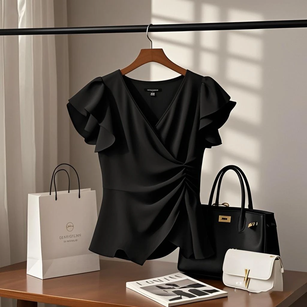 黑色高级感纯色衬衫女夏季设计感小众收腰衬衣修身显瘦v领小上衣