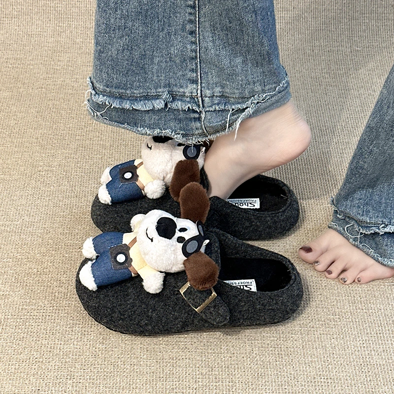 可爱卡通掌门狗布偶毛毛勃肯鞋女2025冬新款外穿皮带扣百搭棉拖鞋