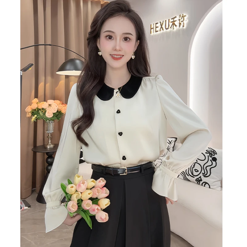 法式高级感翻领长袖衬衫女2024秋季新款设计感小众上衣