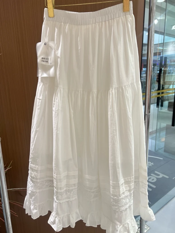 春季新款棉麻蕾丝拼接高腰显瘦白色A字半身中长裙