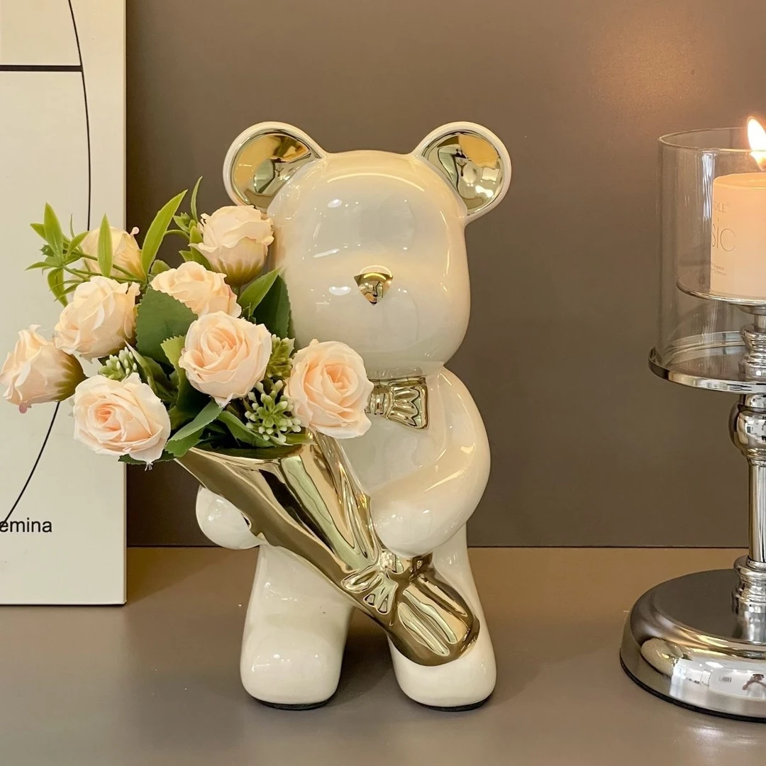 拉萨发货西藏包邮家用客厅玄关柜陶瓷捧花暴力熊仿真花家具摆件