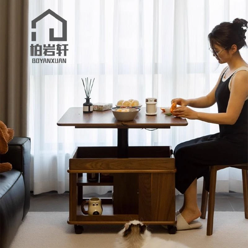 黑胡桃移动茶几可升降折叠小户型实木客厅简约多功能沙发家用茶几