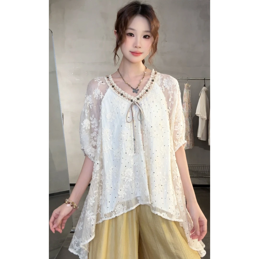 【新款宠粉】蕾丝气质洋气百搭夏季薄款白色衬衫设计感小众20774