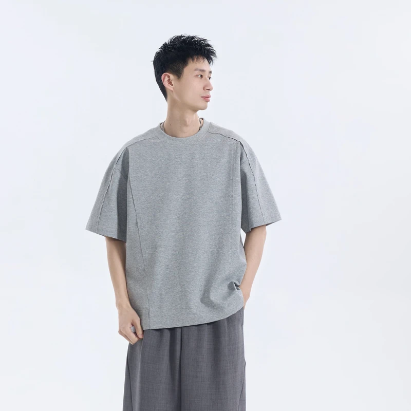 夏季新款开叉线条圆领纯色短袖时尚百搭简约高级感男装T恤1340