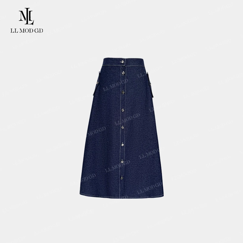 阔影 高腰显瘦单排扣牛仔半身裙春夏高腰中长遮胯大摆裙YL-260616