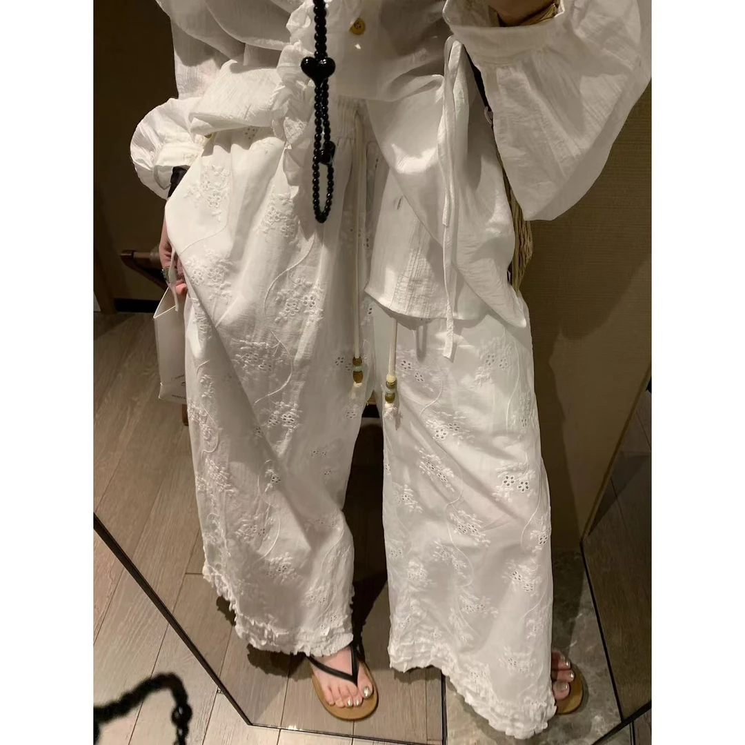 SP【格拉夫少女】蕾丝花边勾花阔腿裤春夏新款宽松休闲薄款防晒长裤