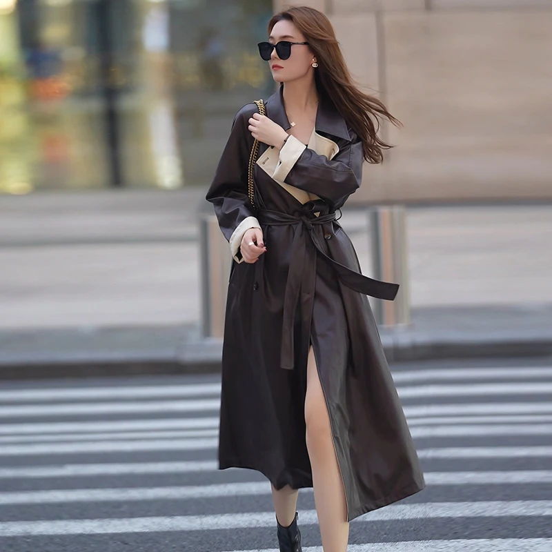 皮衣女2025早秋新款美式复古长款棕白撞色皮衣小个子韩系休闲外套