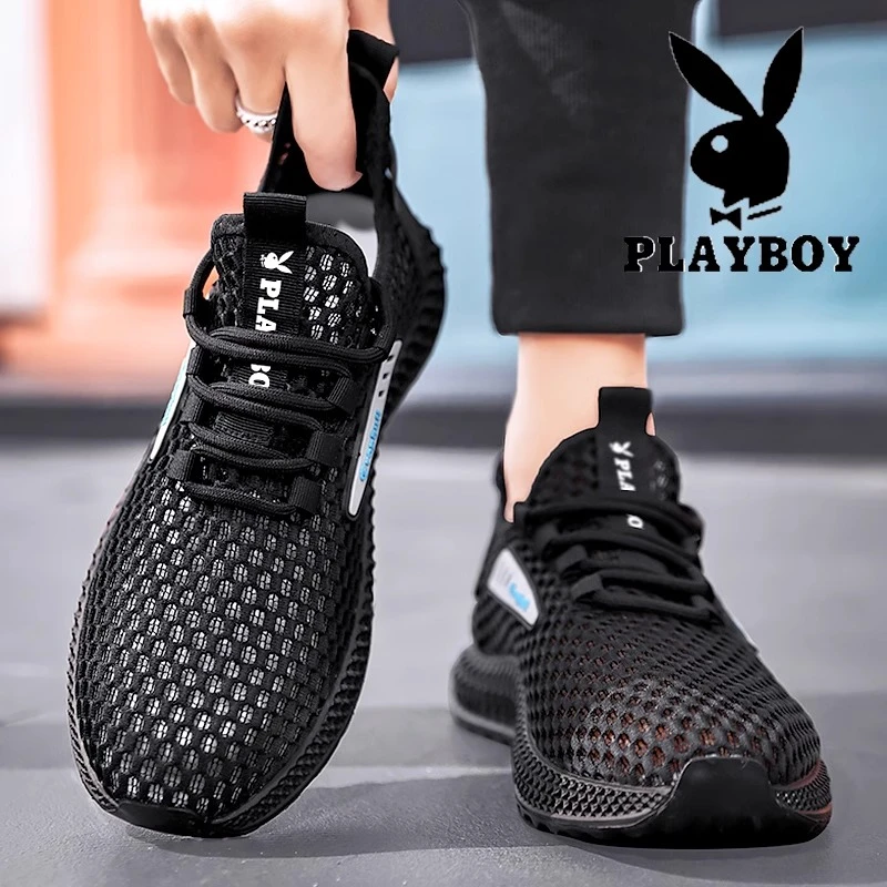 花花公子男鞋冬季网面新款防滑镂空网鞋男士休闲运动黑色跑步潮鞋