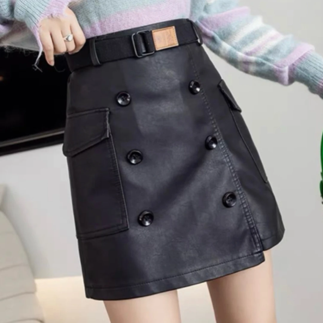 5031#简约大兜兜扣款,显瘦包臀a版半身裙皮裙。