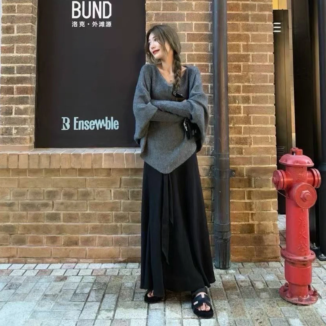 U型领长袖针织森系蝙蝠毛针织衫休闲打底秋季宽松9192