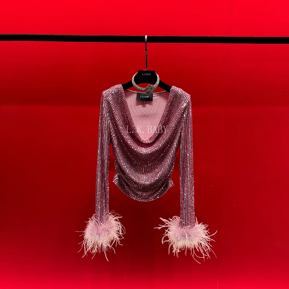 【L.K.BABY】纯情花粉 法式纯欲亮片立体浪漫荡领性感露肩上衣