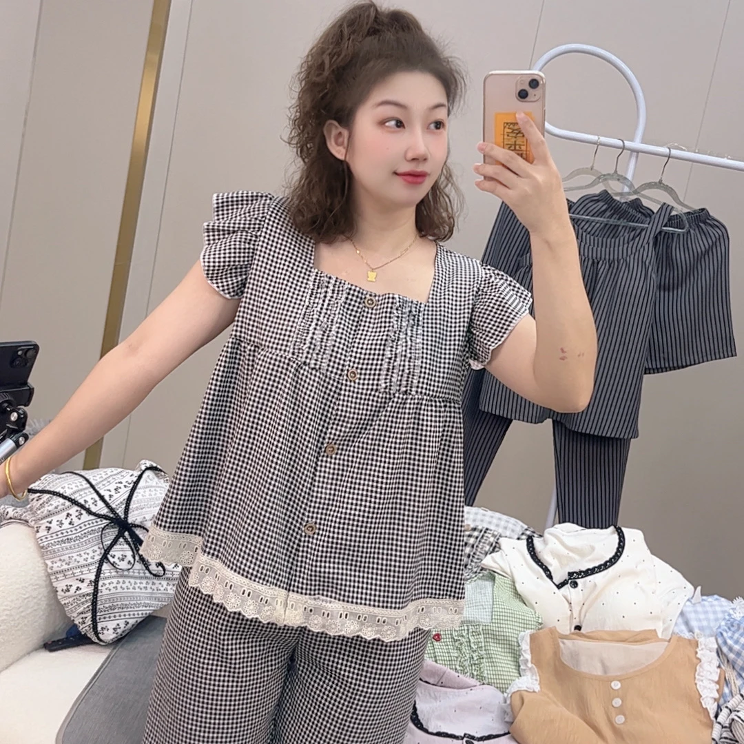 【R640】夏款黑格小飞袖短裤+长裤三件套+胸垫【开衫款】