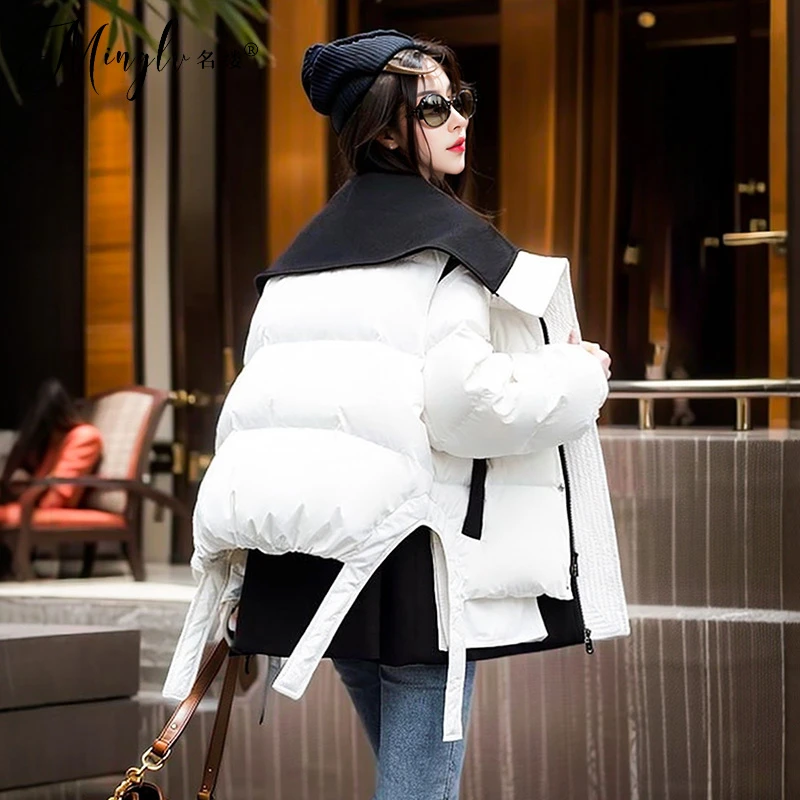 潮酷风加厚保暖面包服2025年冬季小众设计撞色翻领高级感羽绒服女