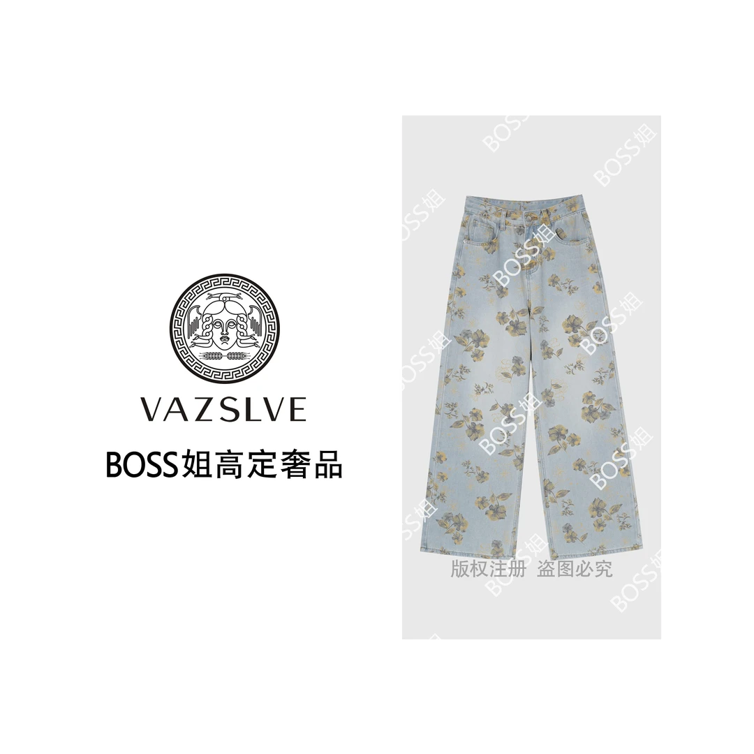 VAZSLVE/原创设计 夏季美式高腰宽松阔腿裤垂感印花牛仔裤女 2696