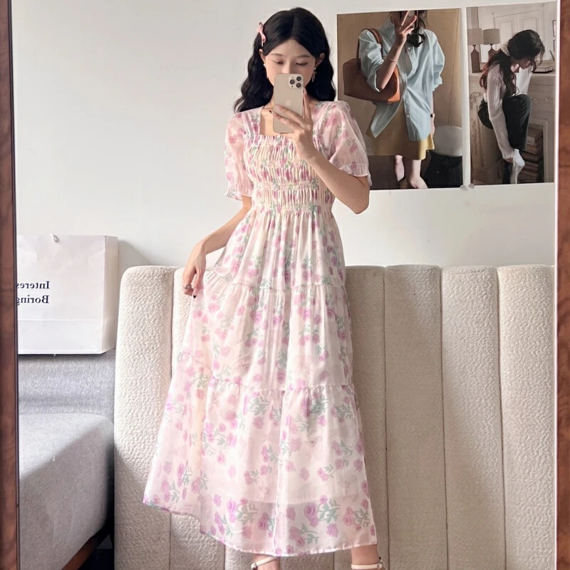 大码女装显瘦方领气质打揽显瘦遮肚高腰线中长款连衣裙