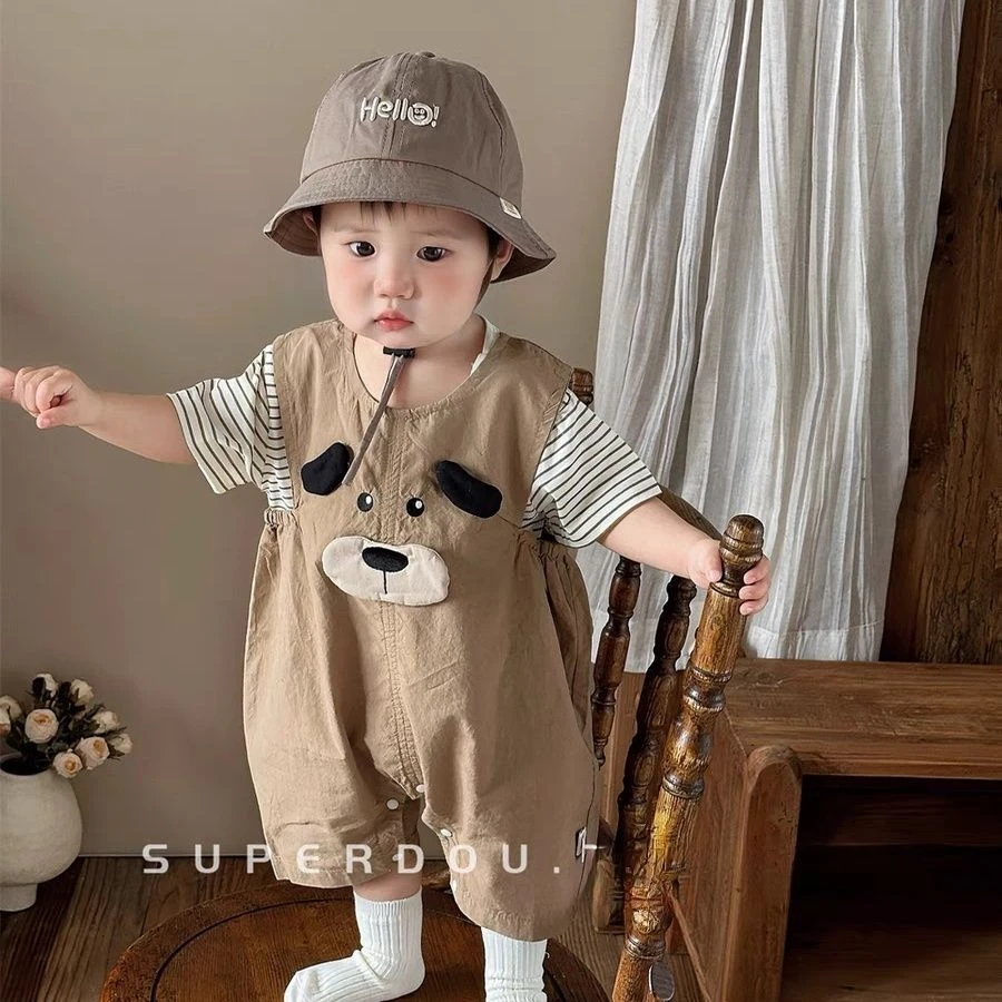 男婴夏装套装宝宝夏天衣服超萌卡通洋气婴幼儿背带裤两件套周岁服