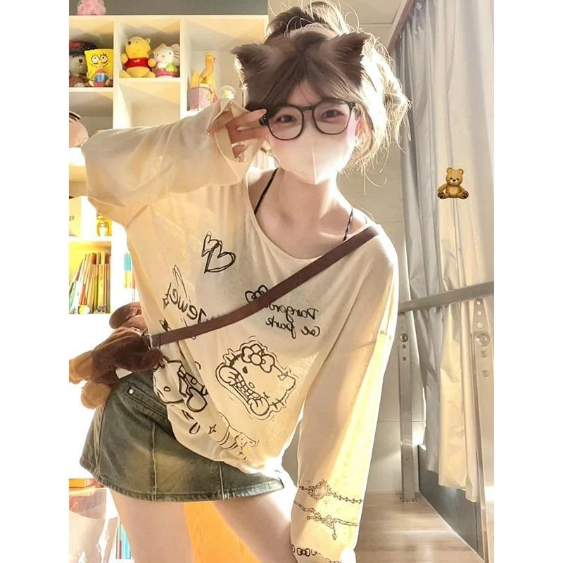 印花长袖T恤宽松罩衫速干上衣猫ins学院女夏季薄款慵懒可爱风