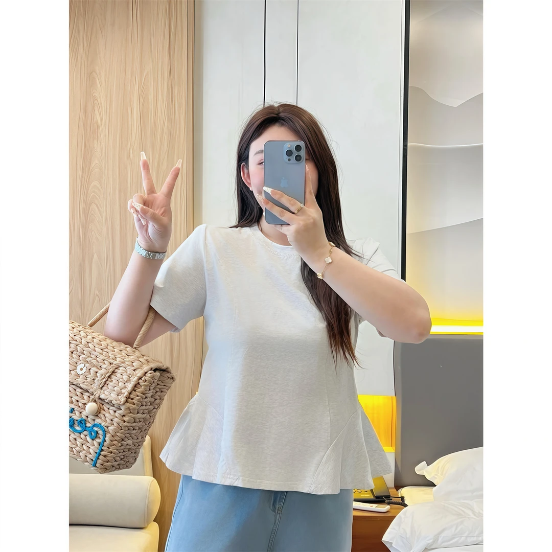 尼斯盛夏 / 别致荷叶边下摆修腰身T恤14722花契大码200斤胖mm显瘦