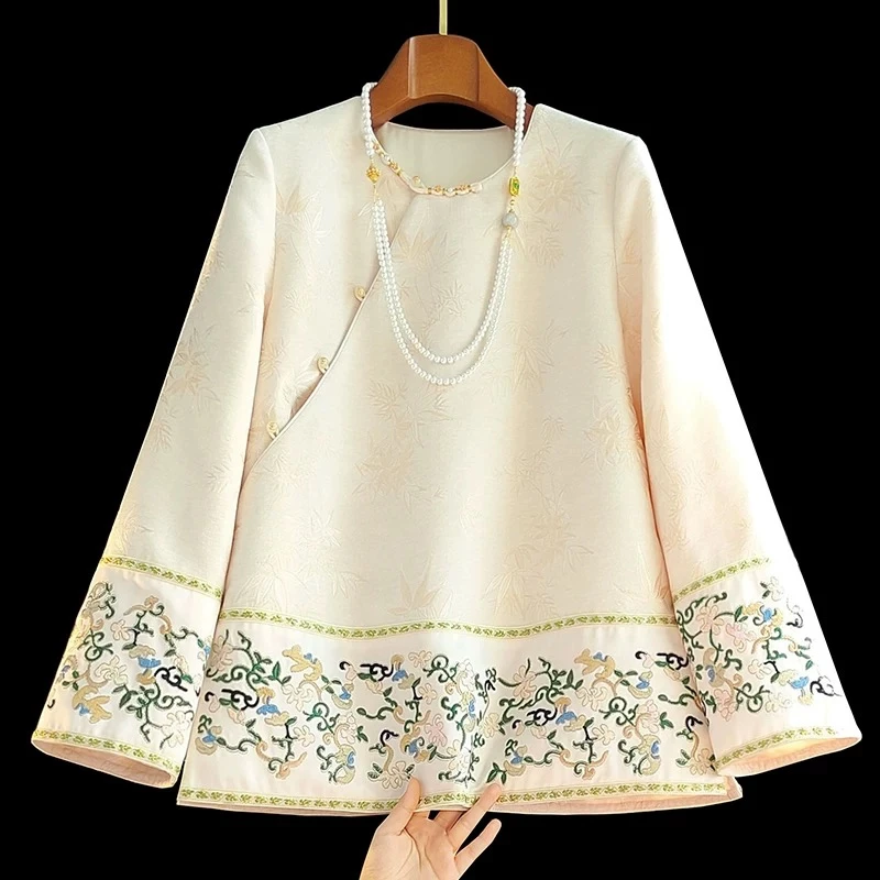 复古斜襟盘扣国风短外套女春新款改良圆领新中式提花刺绣唐装上衣