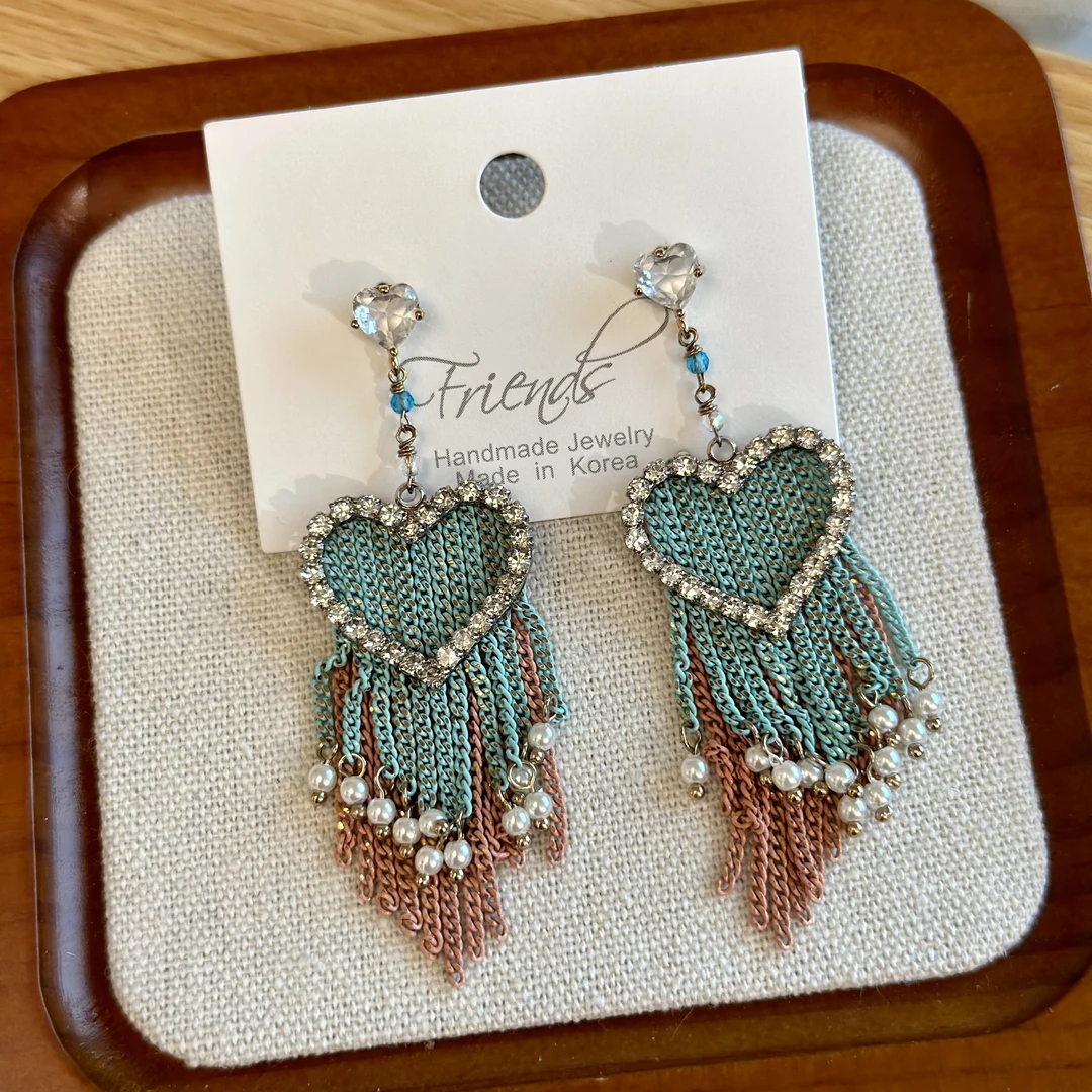 合金合成锆石耳饰 桃子家波西米亚风绿色爱心流苏耳环