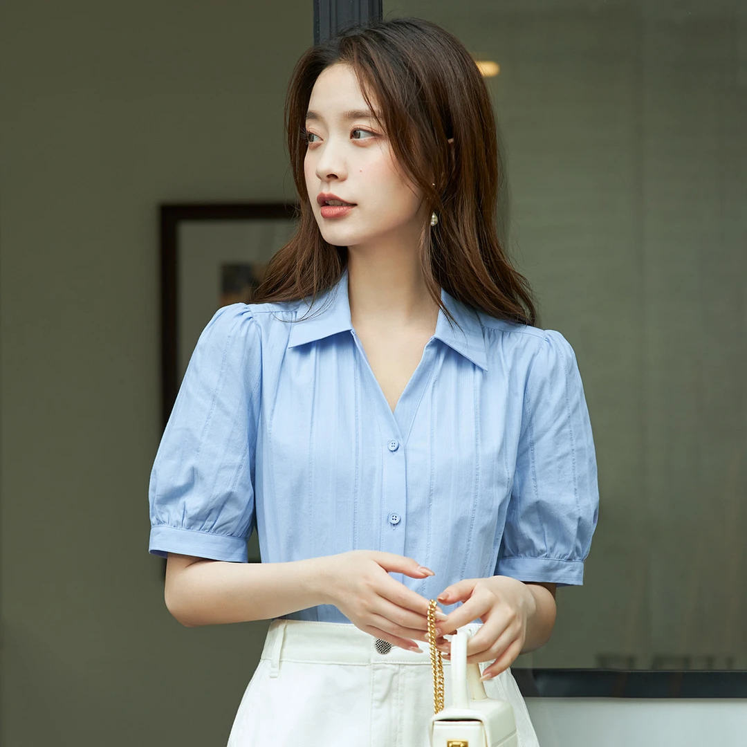 【茵曼女装】茵曼法式通勤短袖衬衫气质职业显瘦衬衣F18322631