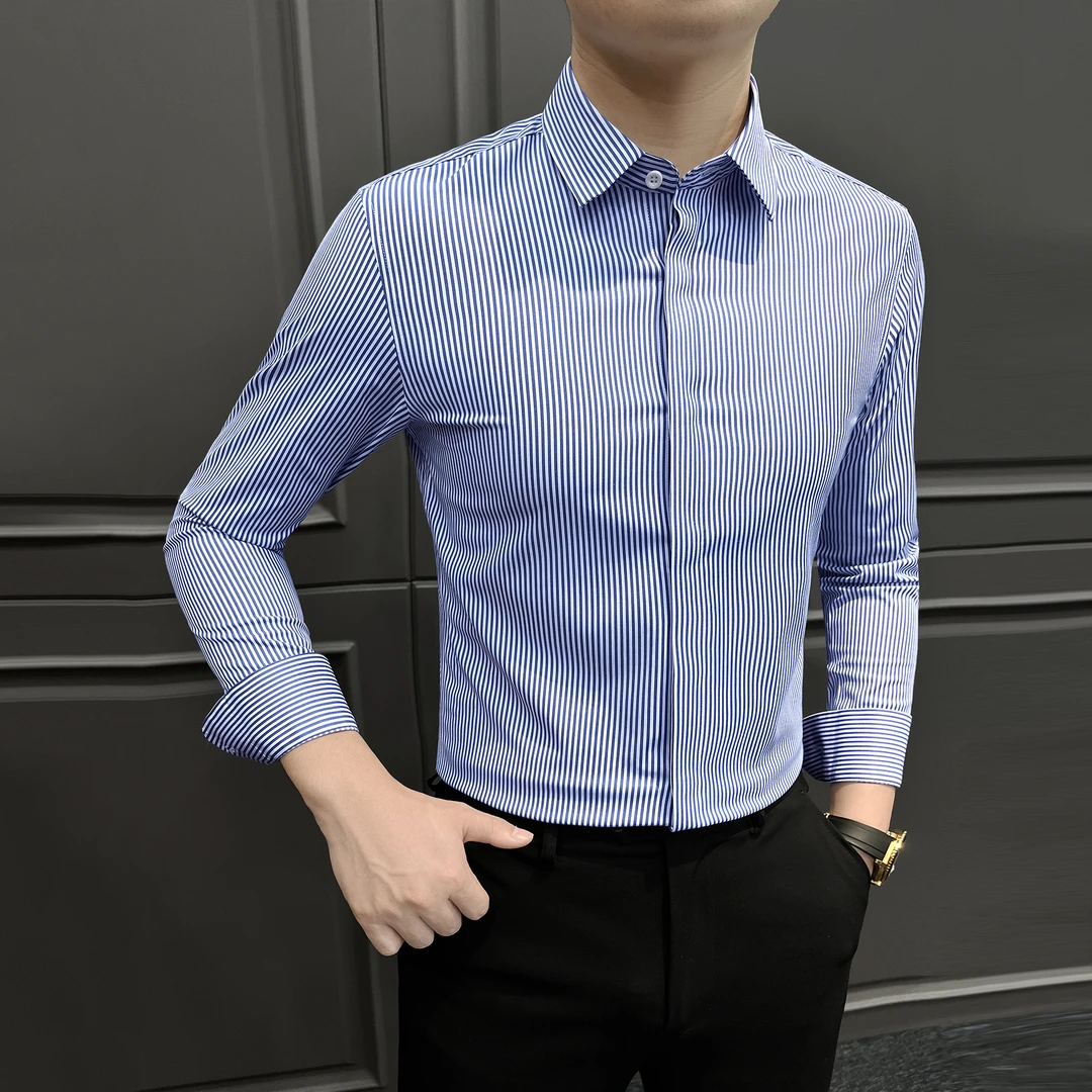 莱赛尔天丝条纹衬衫男款轻奢痞帅高级感男装暗扣休闲男士长袖衬衣