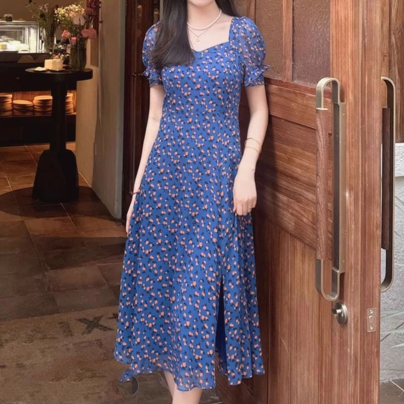 【商场同款】2025新款设计感温柔方领仙女风短袖高腰裙子碎花连衣裙