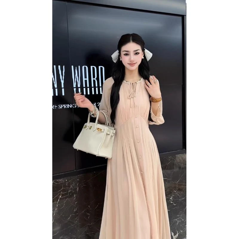 美美推荐8638新款领口钉珠松紧腰显瘦连衣裙