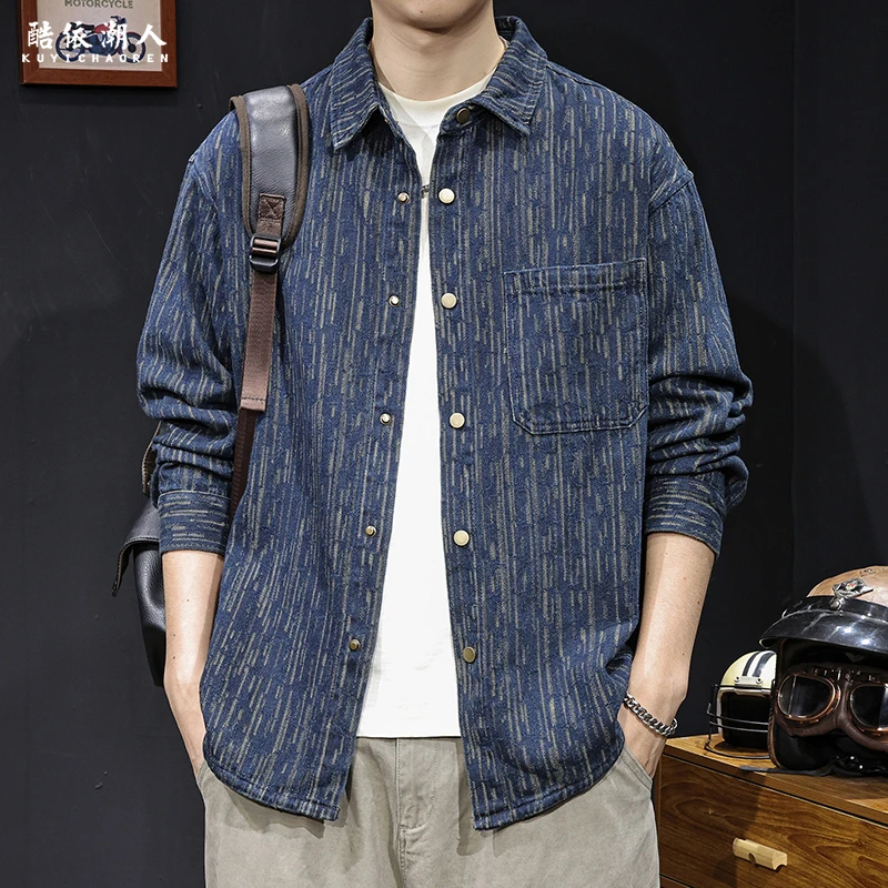 美式复古提花牛仔衬衫男士休闲外套长袖秋季2025新款潮牌大码春秋