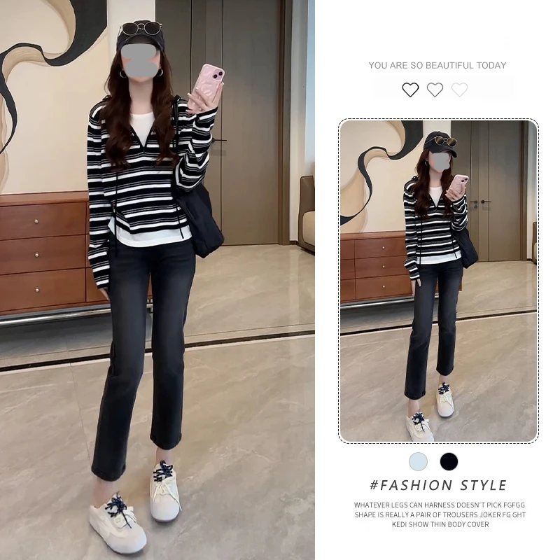 撞色条纹连帽假两件长袖针织衫女2025秋季新款设计感叠穿毛衣上衣