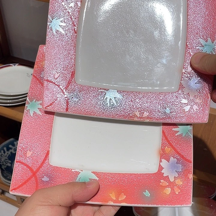紫砂30古千作浮雕银彩枫叶樱花四方盘两只