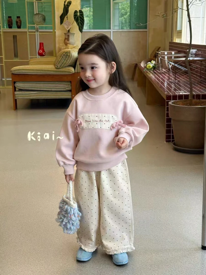 2025秋季新款女童小童韩版蝴蝶结贴布卫衣波点休闲直筒长裤套装