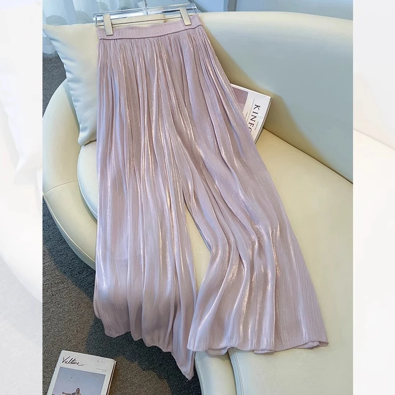 拉夏贝尔流光纱百褶九分阔腿裤裙夏薄款气质显瘦垂感宽松休闲裙裤