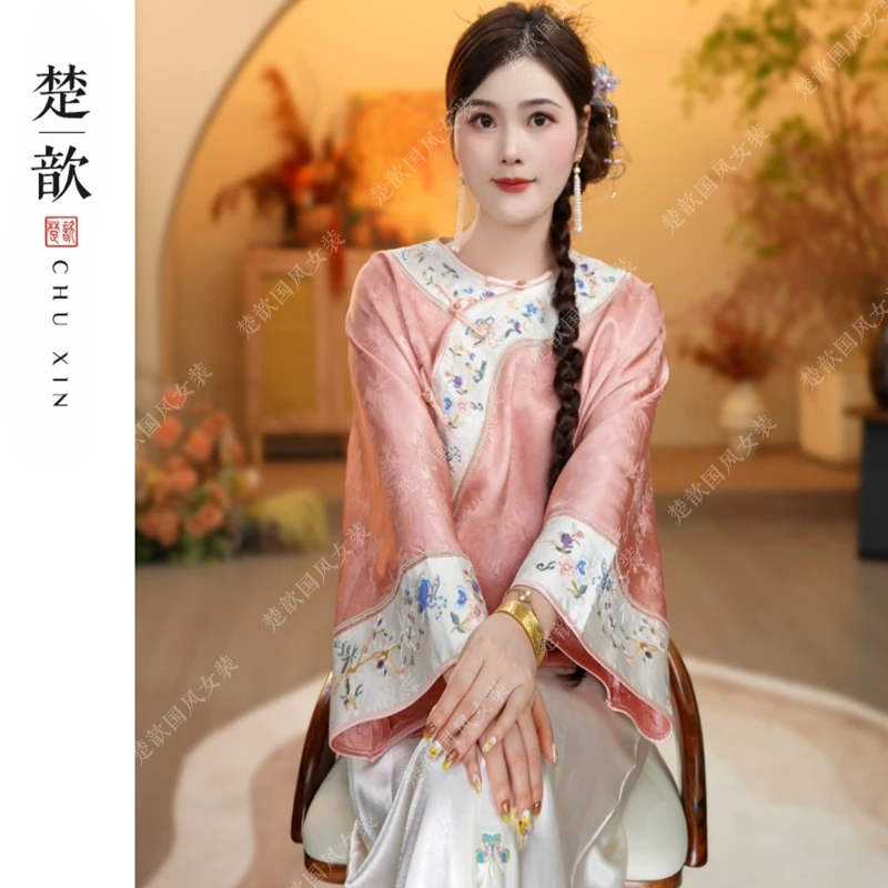 【粉黛樱花】2025春秋季新款宽松上衣新中式国风圆领绣花长袖女装