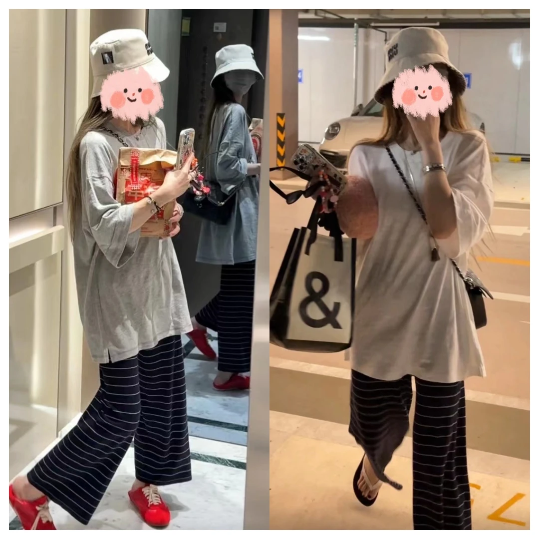 韩系时尚套装夏季慵懒风宽松百搭大版圆领T恤高腰条纹九分阔腿裤