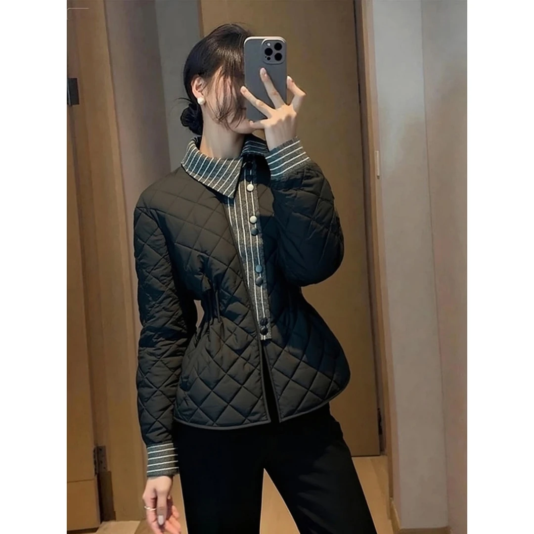 棉服女款冬季高端设计感巨好看气质收腰保暖黑色菱格纹夹棉厚外套