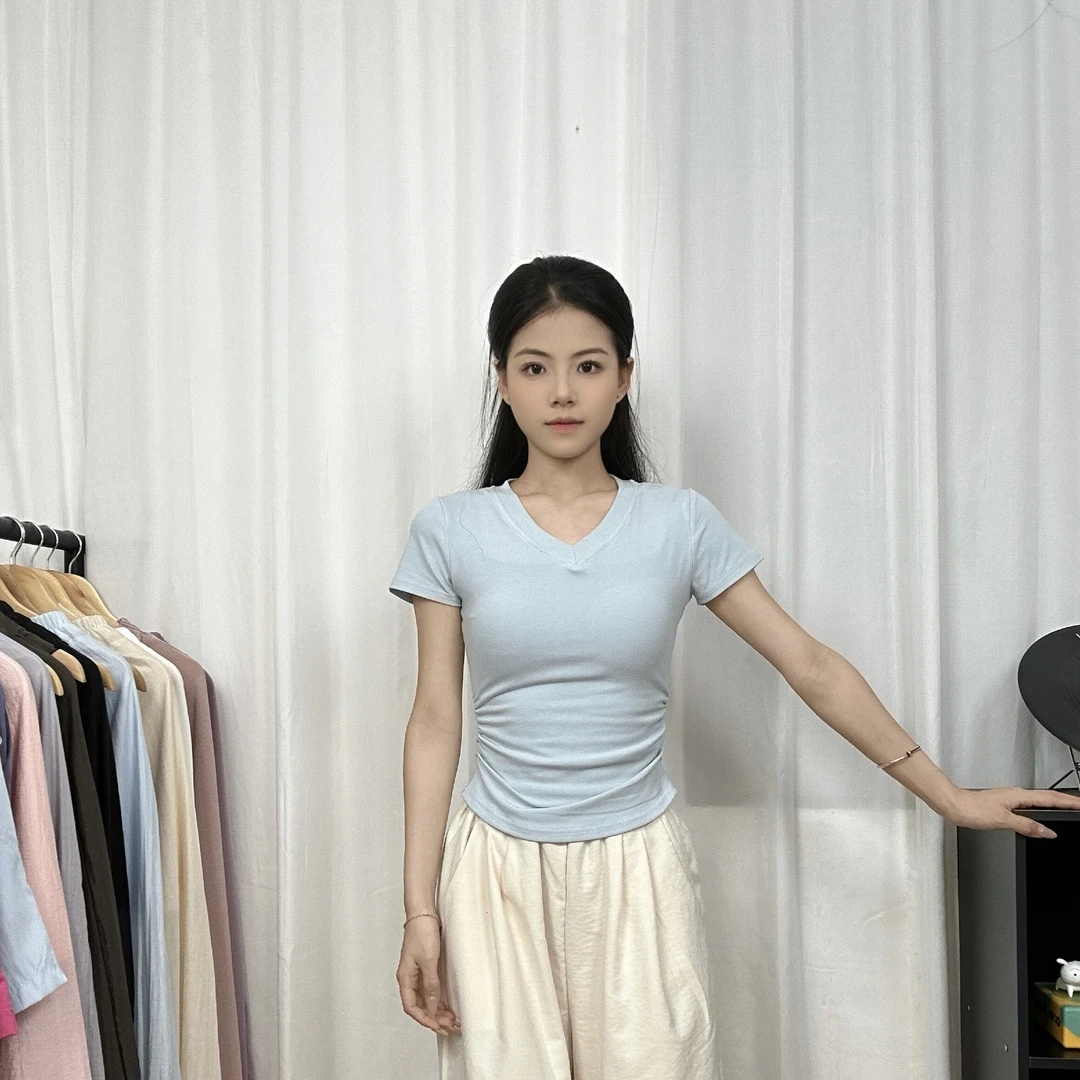 2025夏季形体练功服现代舞日常外穿v领短袖上衣女中国舞古典舞女