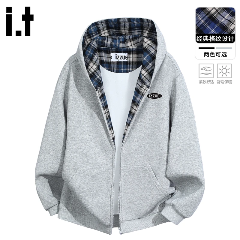 i.t izzue男士外套秋冬款潮牌灰色拼格连帽开衫日系高街痞帅男装B