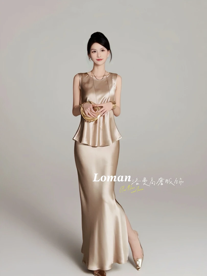 醋酸U领背心鱼尾套装裙子吊带连衣裙