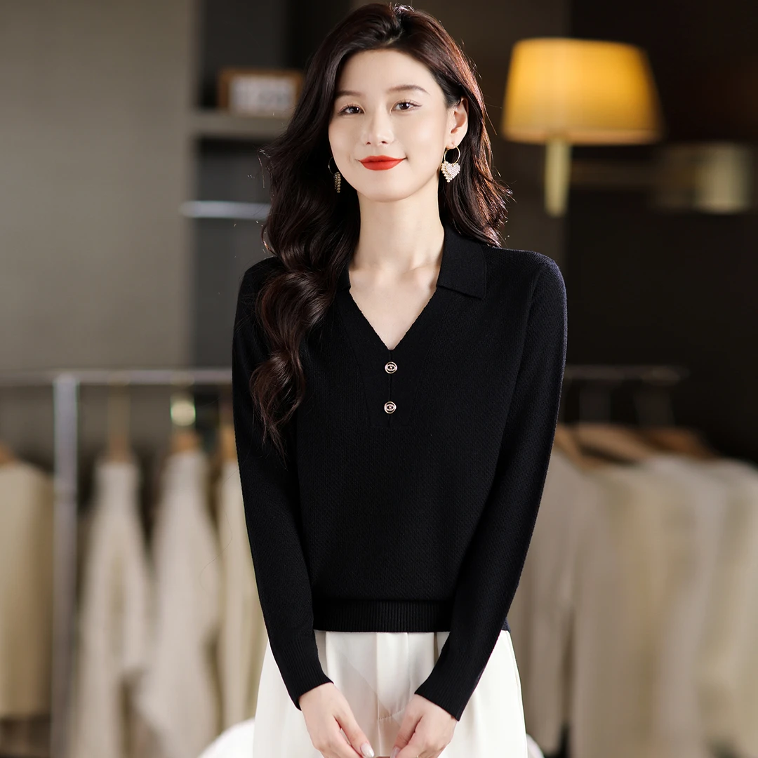 翻领长袖打底衫女士秋装2025新款薄款内搭v领上衣时尚毛衣针织衫