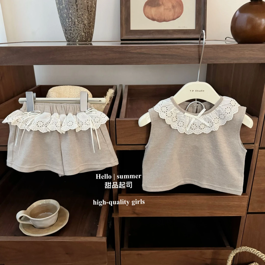 【甜品起司】奶茶！韩系女宝宝甜美洋气网红蕾丝上衣时髦短裤两件套