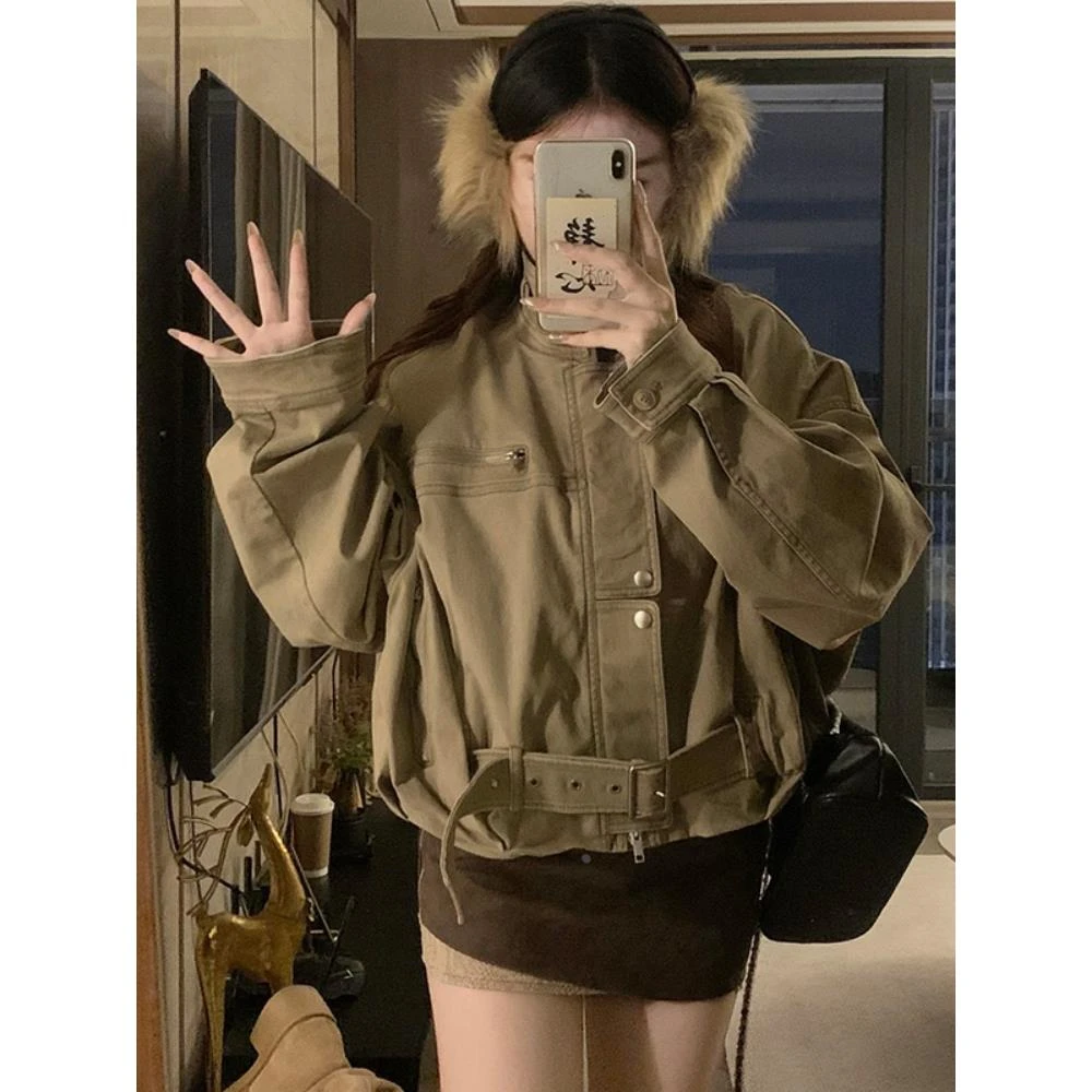 kumikumi美式覆古立领宽松长袖外套女装秋季小众chic百搭夹克上衣