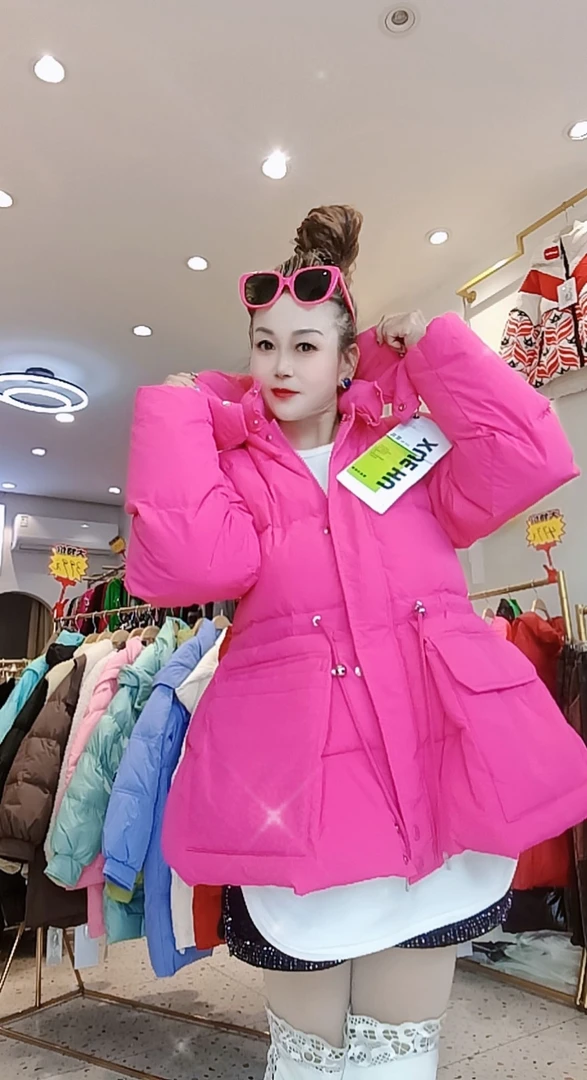 中长款玫红爆款羽绒服收腰显瘦洋气连帽外套冬装女士女装上衣保暖