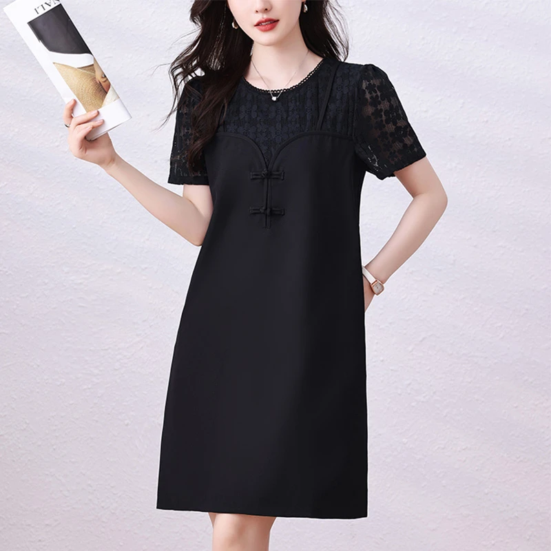 新中式假两件蕾丝背带拼接连衣裙女2025夏新款休闲百搭大码小黑裙