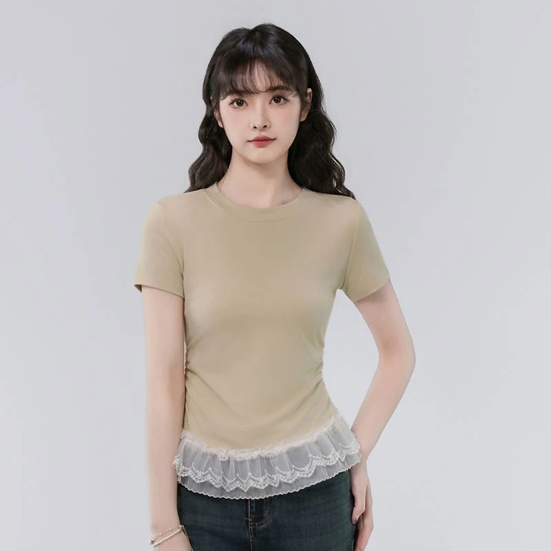 蕾丝拼接圆领短袖T恤女夏装新款修身显瘦设计感打底衫小清新上衣