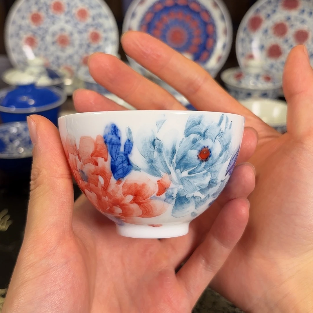 手绘写意风牡丹花鸡心杯