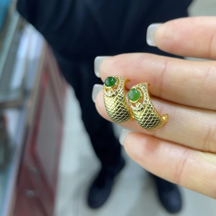 和田玉银S925镶嵌耳饰