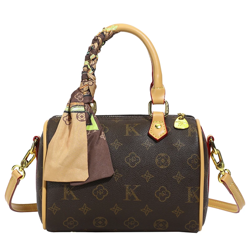 【波士顿】手提包字母经典印花拼接皮质单肩斜挎女包