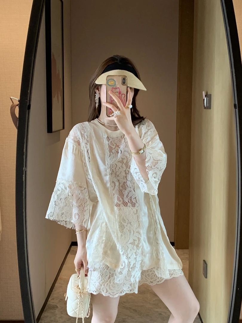 蕾丝性感短袖 镂空拼接气质时尚宽松垂感蕾丝衫